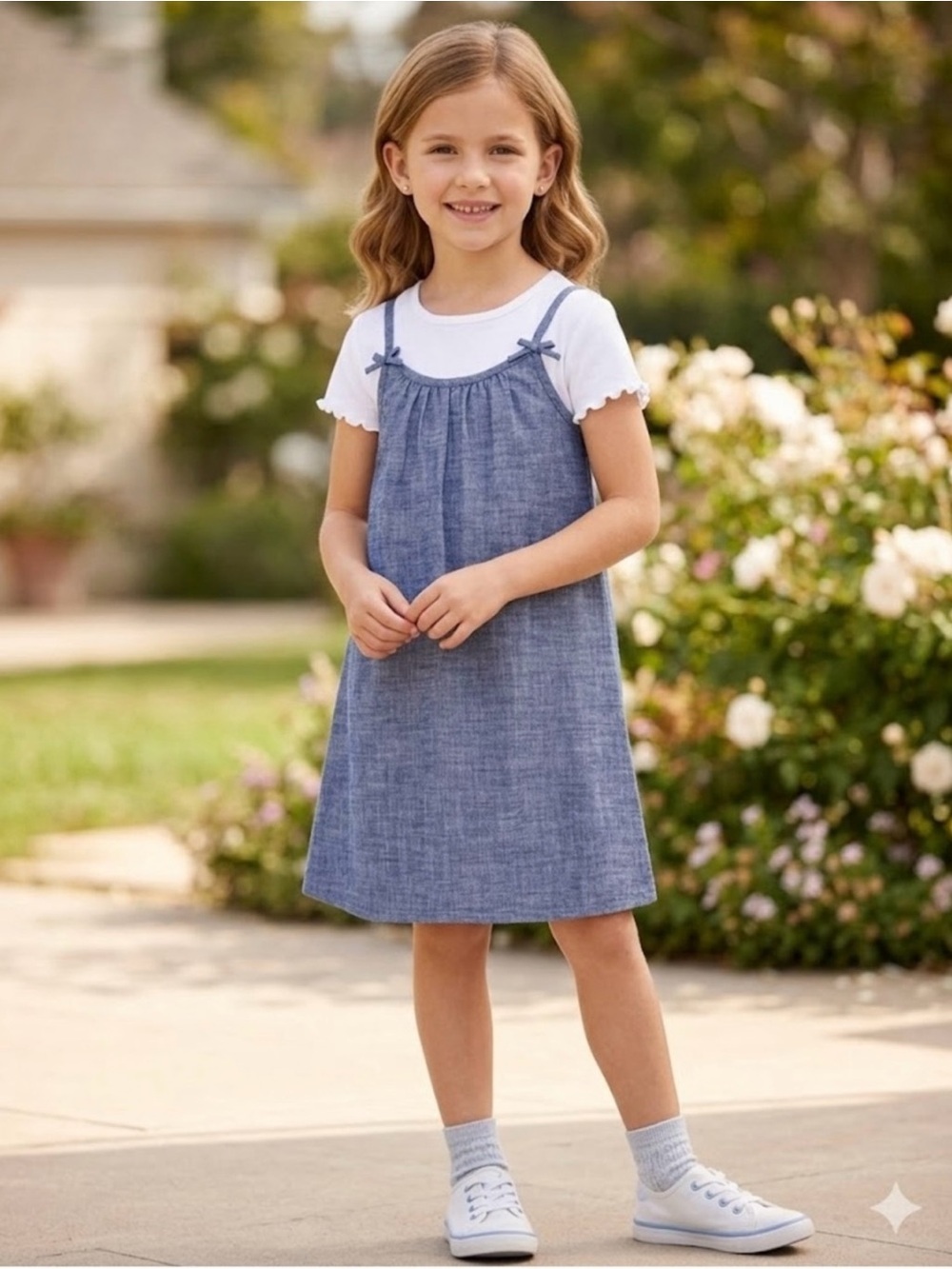 Wonder Nation Blue Chambray Slip Dress With Shoulder Bows And Short Sleeve Tee